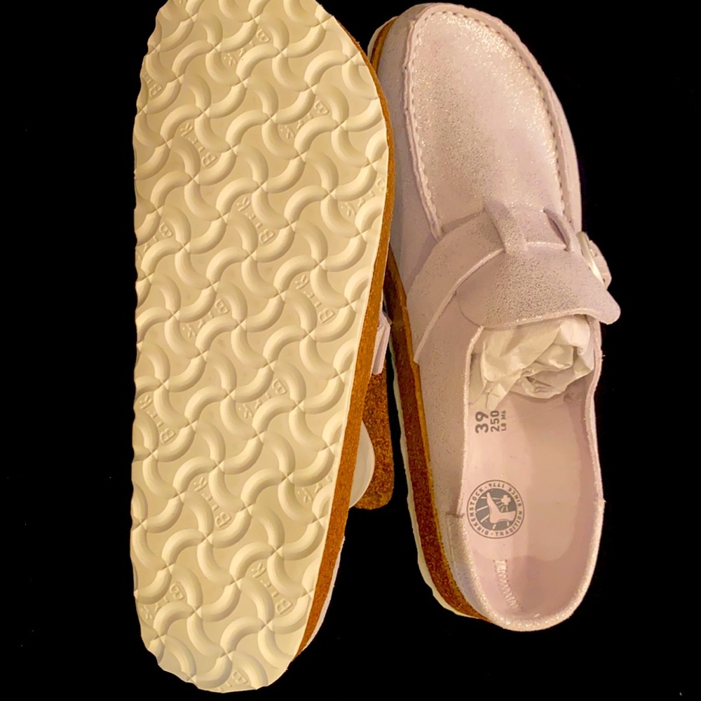 Hard to find Birkenstock, Buckley silver leather clogs, new, unworn, no box